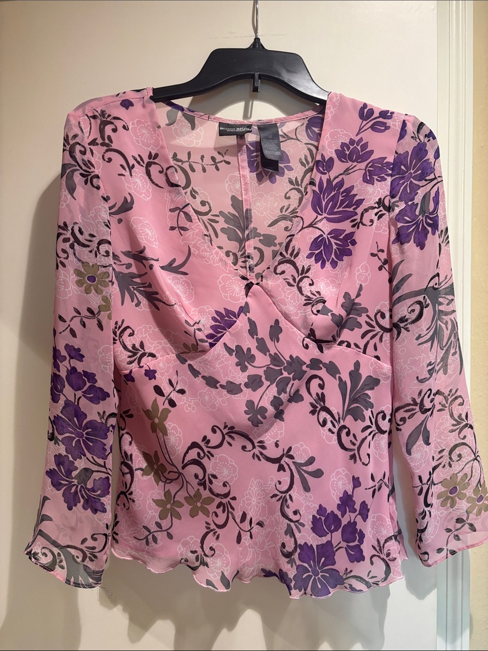 Pink Floral Wrap-Style Blouse with Purple Accents